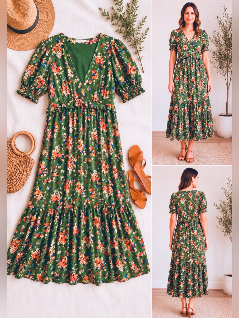 Boden Green Floral Crepe Tiered Maxi Dress 8R Short Sleeve Cottagecore Boho